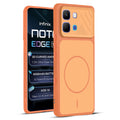 Front and back view of Orange protective back cover for Infinix Note Edge with textured sides, camera guard and slim fit design.