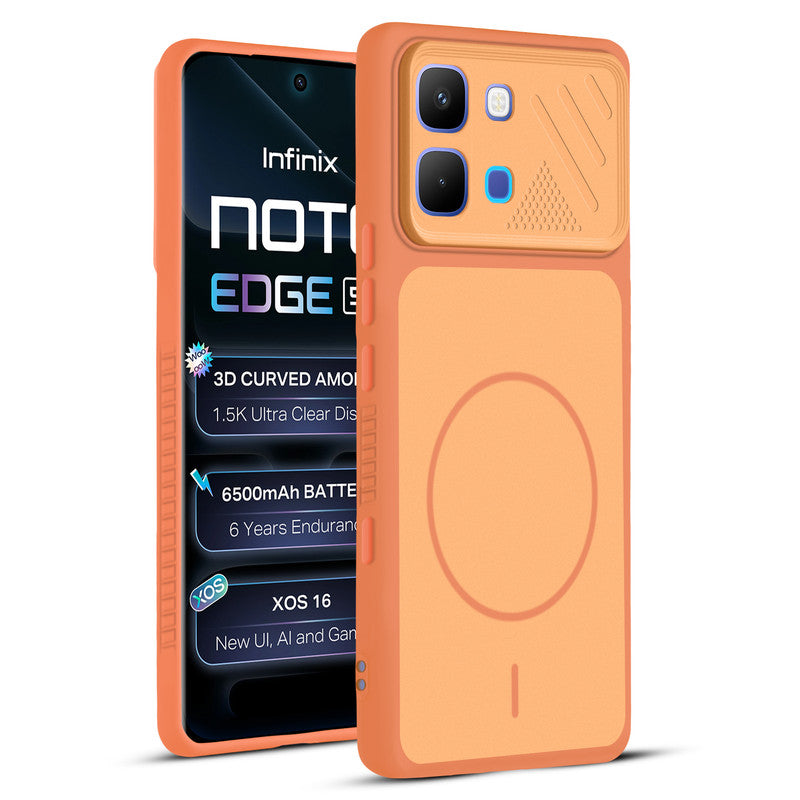 Front and back view of Orange protective back cover for Infinix Note Edge with textured sides, camera guard and slim fit design.