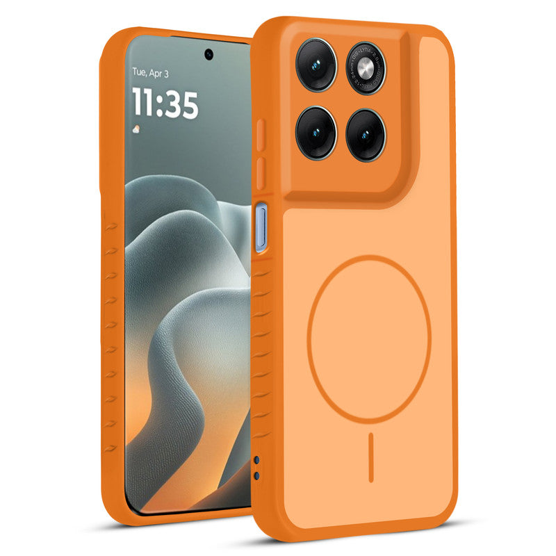 Front and back view of Orange protective back cover for Motorola G37 5G with textured sides, camera guard and slim fit design.