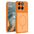 Front and back view of Orange protective back cover for Motorola G37 Power 5G with textured sides, camera guard and slim fit design.
