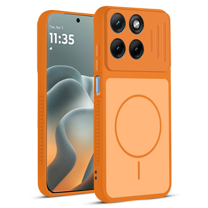 Front and back view of Orange protective back cover for Motorola G37 Power 5G with textured sides, camera guard and slim fit design.