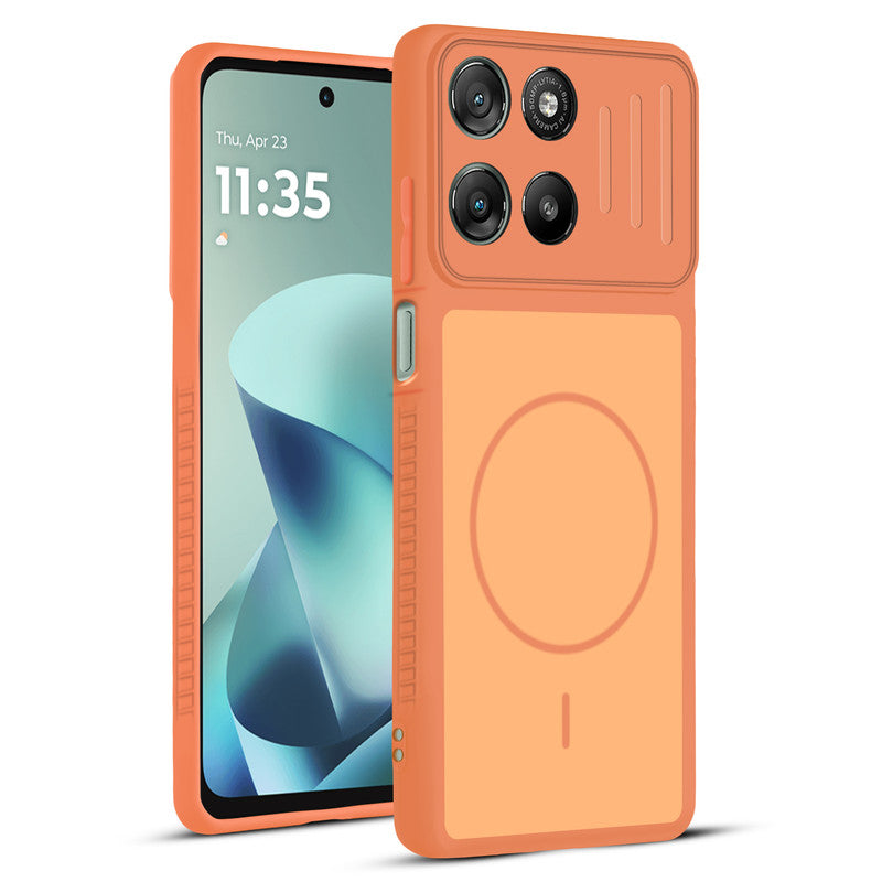 Front and back view of Orange protective back cover for Motorola G57 Power 5G with textured sides, camera guard and slim fit design.