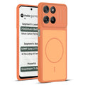 Front and back view of Orange protective back cover for Motorola G67 Power 5G with textured sides, camera guard and slim fit design.