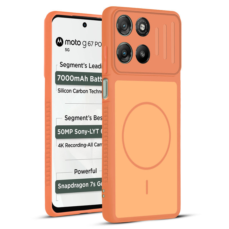 Front and back view of Orange protective back cover for Motorola G67 Power 5G with textured sides, camera guard and slim fit design.