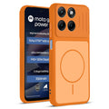 Front and back view of Orange protective back cover for Motorola G77 Power 5G with textured sides, camera guard and slim fit design.