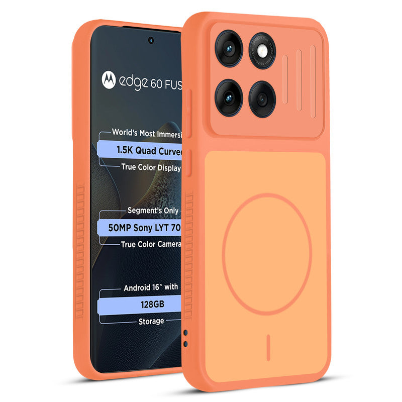 Front and back view of Orange protective back cover for Motorola Moto Edge 60 Fusion 5G with textured sides, camera guard and slim fit design.
