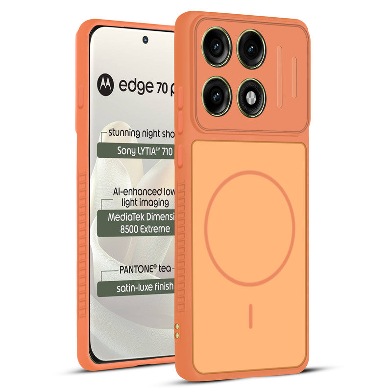 Front and back view of Orange protective back cover for Motorola Moto Edge 70 Pro 5G with textured sides, camera guard and slim fit design.
