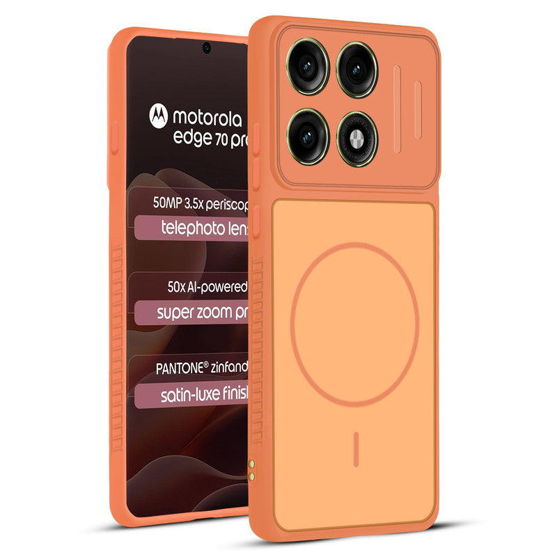 Front and back view of Orange protective back cover for Motorola Moto Edge 70 Pro Plus 5G with textured sides, camera guard and slim fit design.