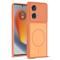 Front and back view of Orange protective back cover for Motorola Moto G85 5G with textured sides, camera guard and slim fit design.