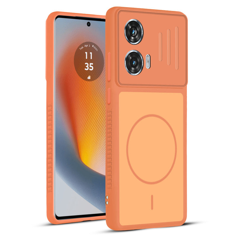 Front and back view of Orange protective back cover for Motorola Moto G85 5G with textured sides, camera guard and slim fit design.