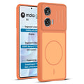 Front and back view of Orange protective back cover for Motorola Moto G96 5G with textured sides, camera guard and slim fit design.