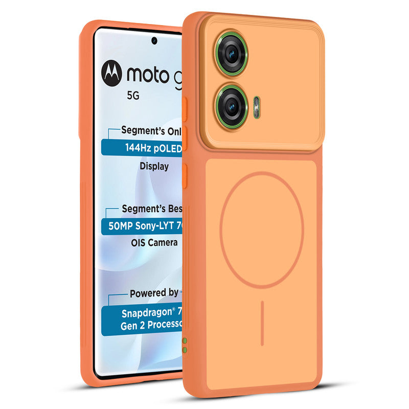 Full protective dual tone Orange silicone case for Motorola Moto G96 5G showing front and back design coverage