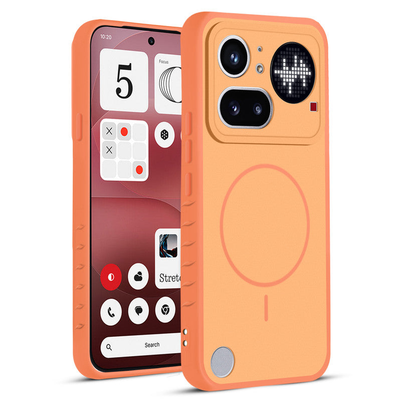 Front and back view of Orange protective back cover for Nothing Phone 4A Pro 5G with textured sides, camera guard and slim fit design.