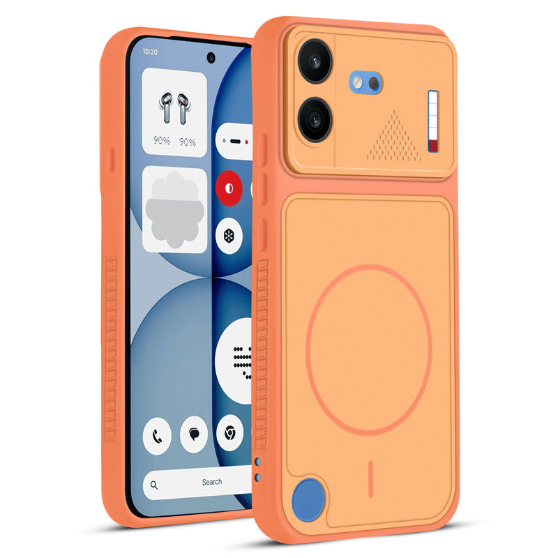 Front and back view of Orange protective back cover for Nothing Phone 4B 5G with textured sides, camera guard and slim fit design.