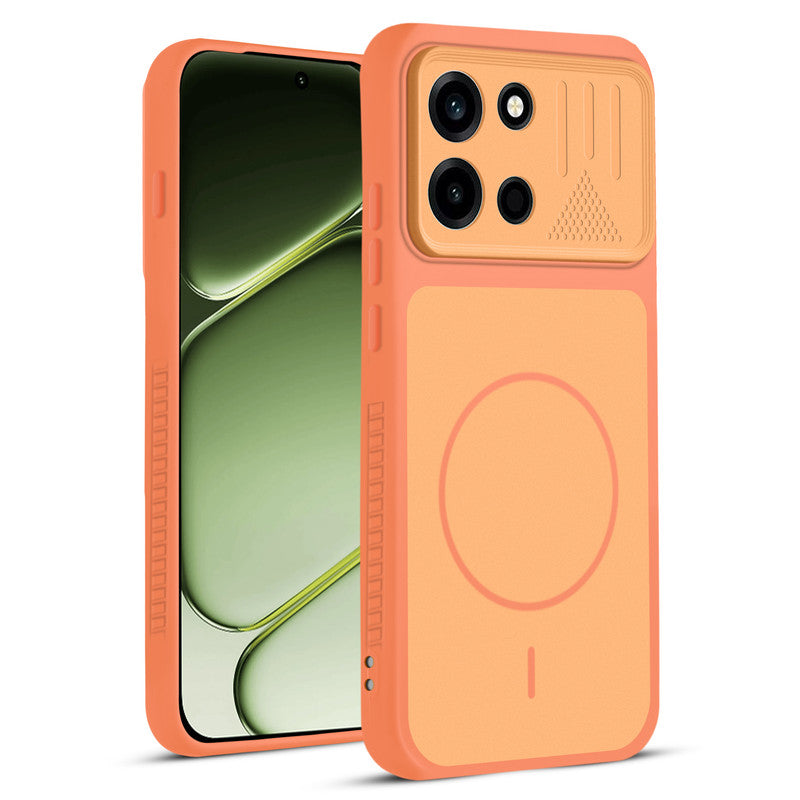 Front and back view of Orange protective back cover for OnePlus Nord 6 5G with textured sides, camera guard and slim fit design.