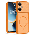 Front and back view of Orange protective back cover for OnePlus Nord CE 3 Lite 5G with textured sides, camera guard and slim fit design.