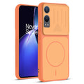 Front and back view of Orange protective back cover for OnePlus Nord CE 4 Lite 5G with textured sides, camera guard and slim fit design.