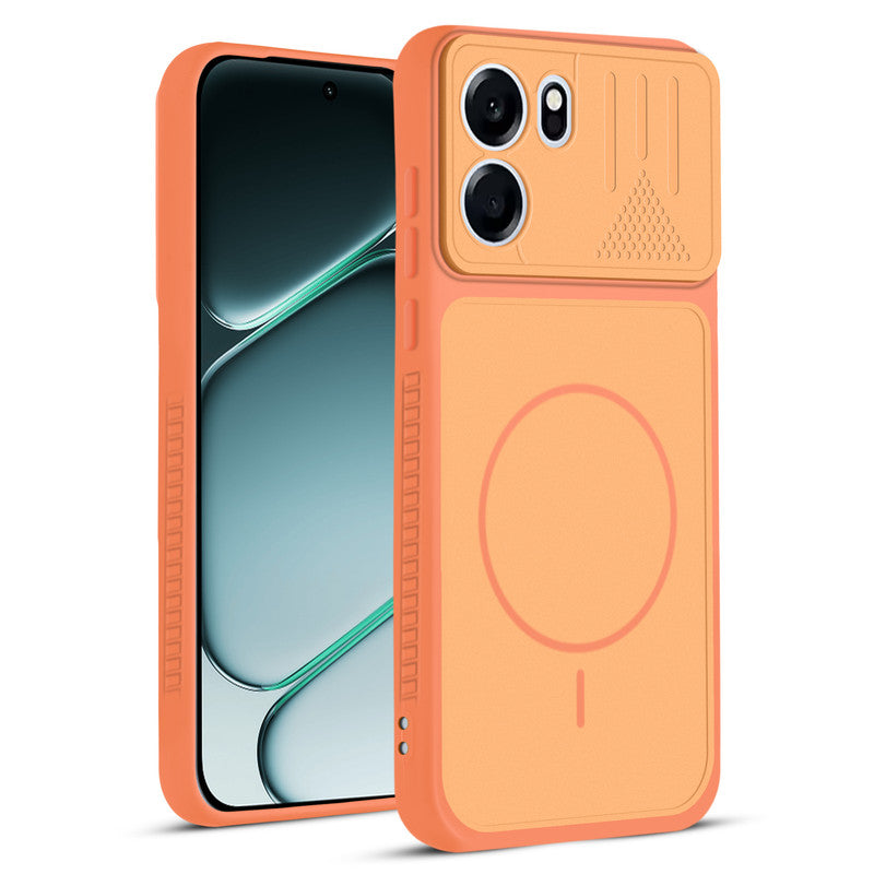 Front and back view of Orange protective back cover for OnePlus Nord CE 6 5G with textured sides, camera guard and slim fit design.