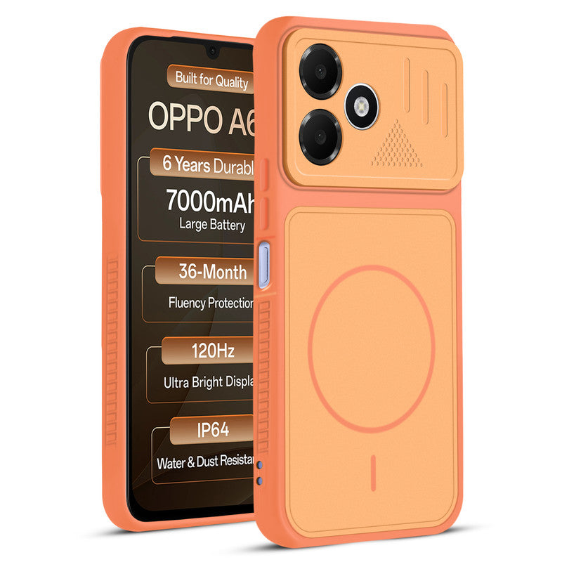 Front and back view of Orange protective back cover for Oppo A6C 4G with textured sides, camera guard and slim fit design.