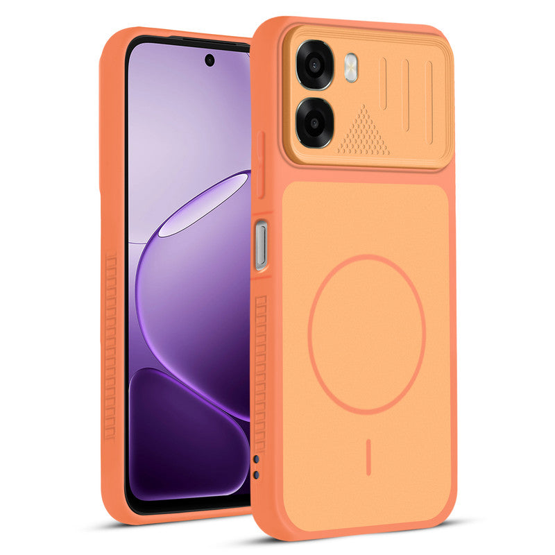 Front and back view of Orange protective back cover for Oppo A6s 5G with textured sides, camera guard and slim fit design.