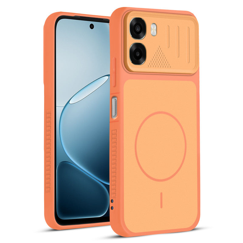 Front and back view of Orange protective back cover for Oppo A6x 5G with textured sides, camera guard and slim fit design.