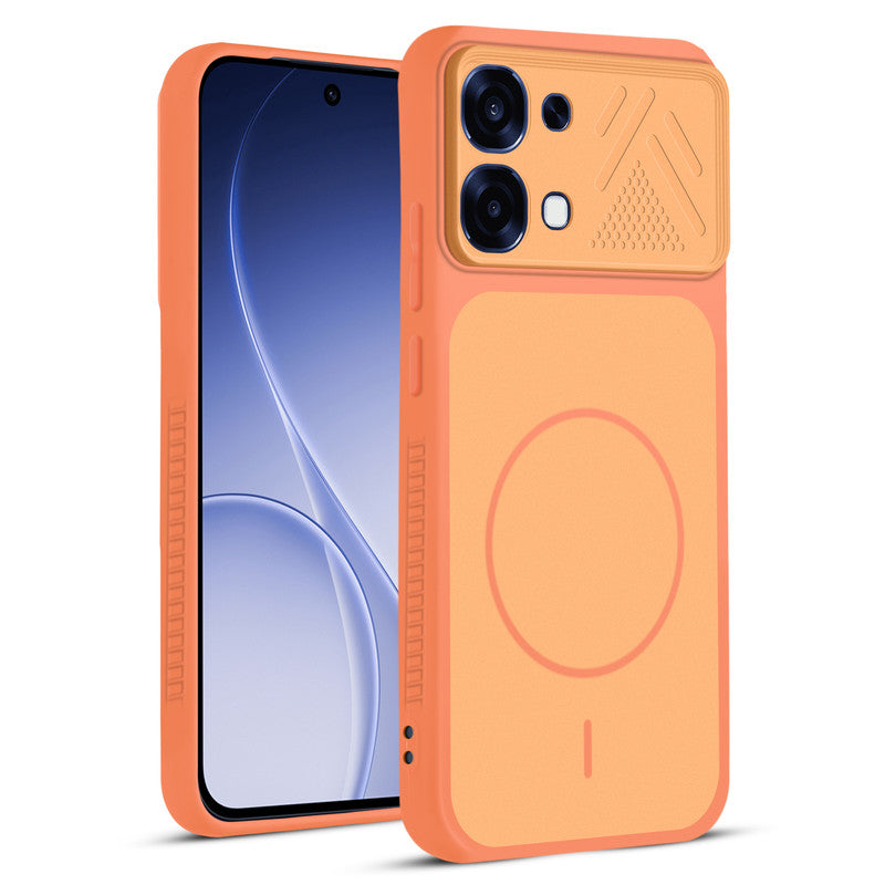 Front and back view of Orange protective back cover for Oppo F31 5G with textured sides, camera guard and slim fit design.