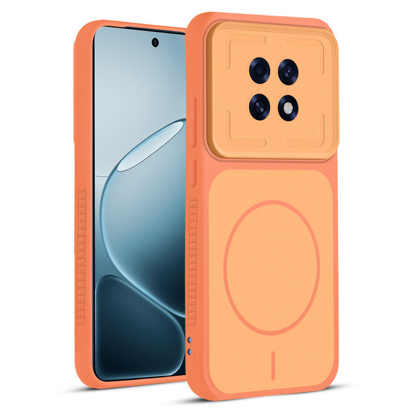 Front and back view of Orange protective back cover for Oppo F31 Pro Plus 5G with textured sides, camera guard and slim fit design.