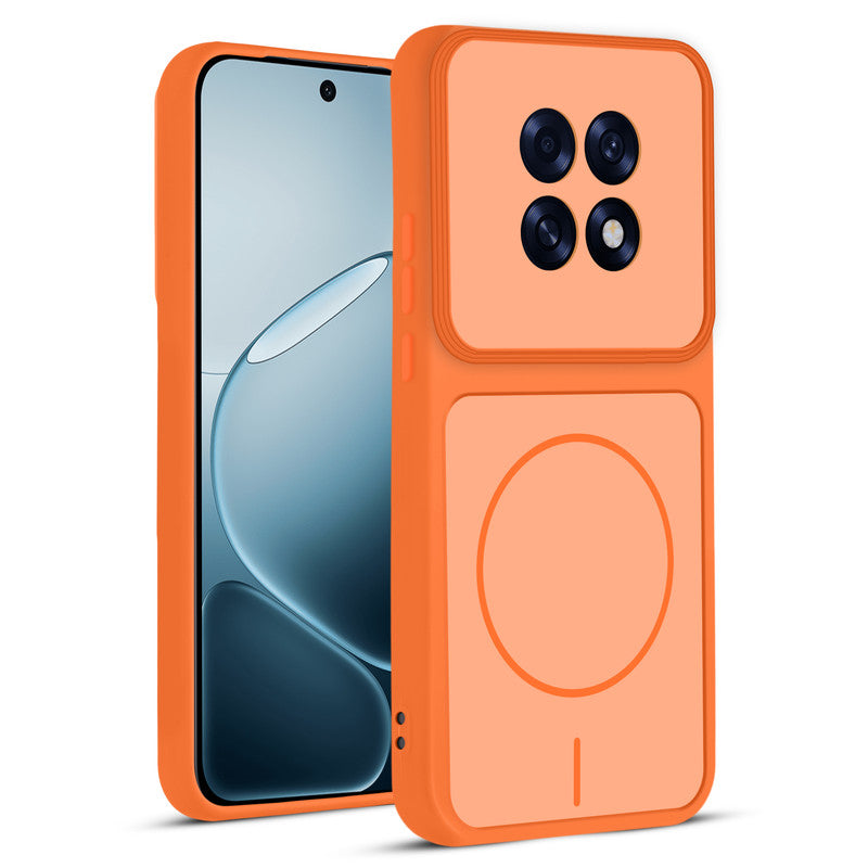 Front and back view of Orange protective back cover for Oppo F31 Pro Plus 5G with textured sides, camera guard and slim fit design.