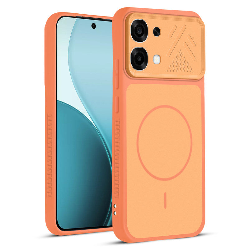 Front and back view of Orange protective back cover for Oppo F33 5G with textured sides, camera guard and slim fit design.
