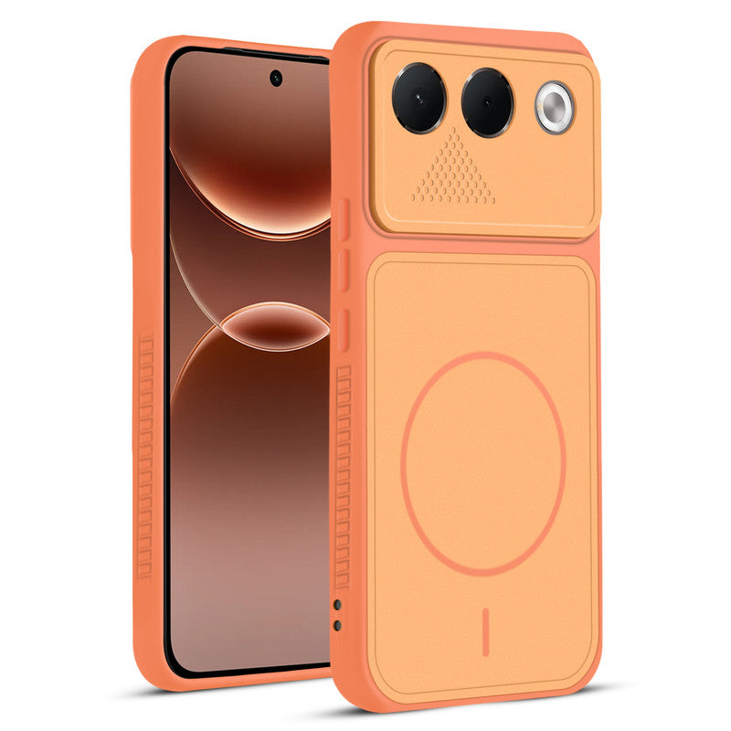 Front and back view of Orange protective back cover for Oppo F35 5G with textured sides, camera guard and slim fit design.