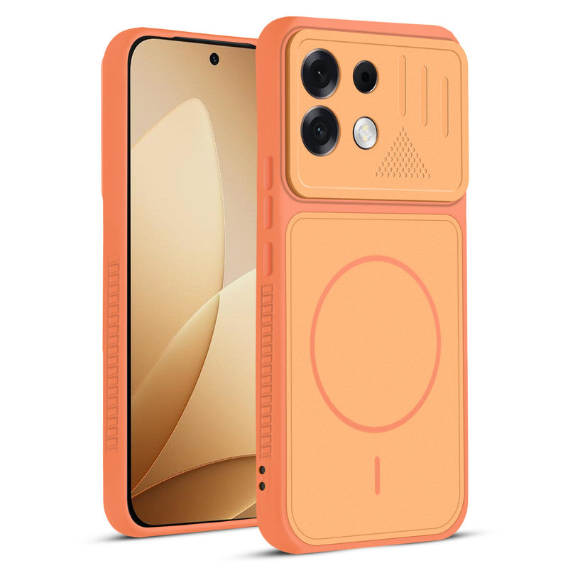 Front and back view of Orange protective back cover for Oppo F35 Pro 5G with textured sides, camera guard and slim fit design.