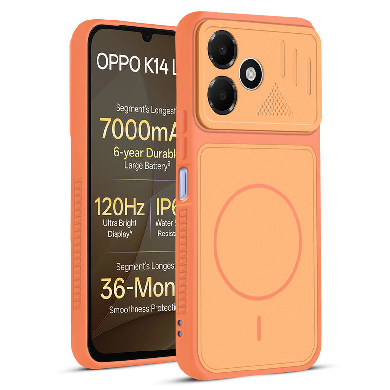 Front and back view of Orange protective back cover for OPPO K14 Lite 5G with textured sides, camera guard and slim fit design.