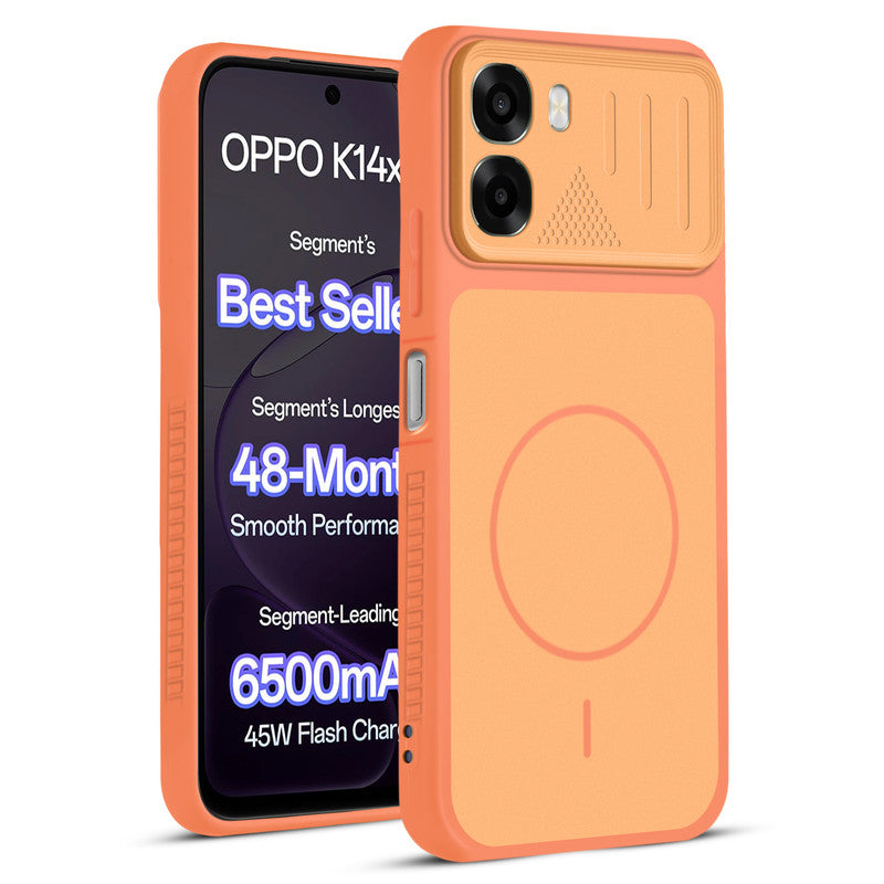 Front and back view of Orange protective back cover for Oppo K14x 5G with textured sides, camera guard and slim fit design.