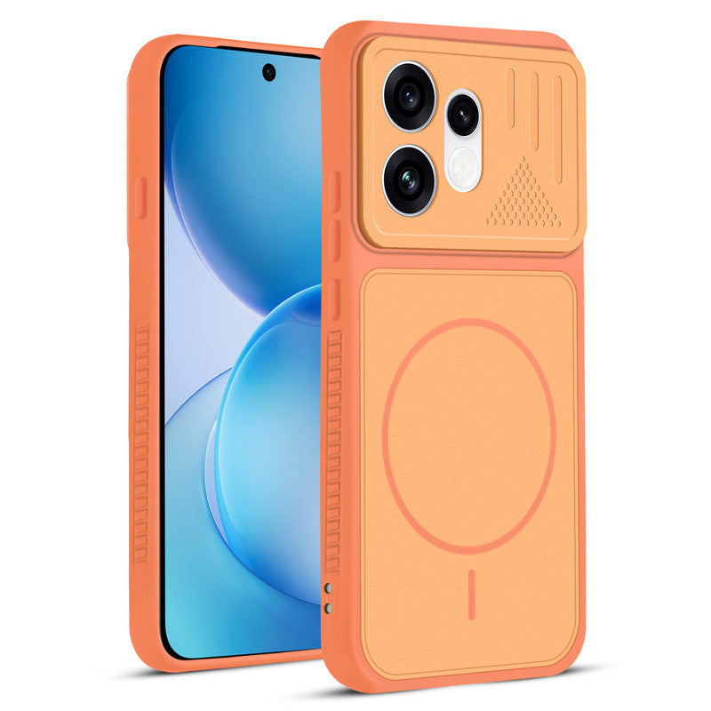Front and back view of Orange protective back cover for Oppo Reno 16 5G with textured sides, camera guard and slim fit design.