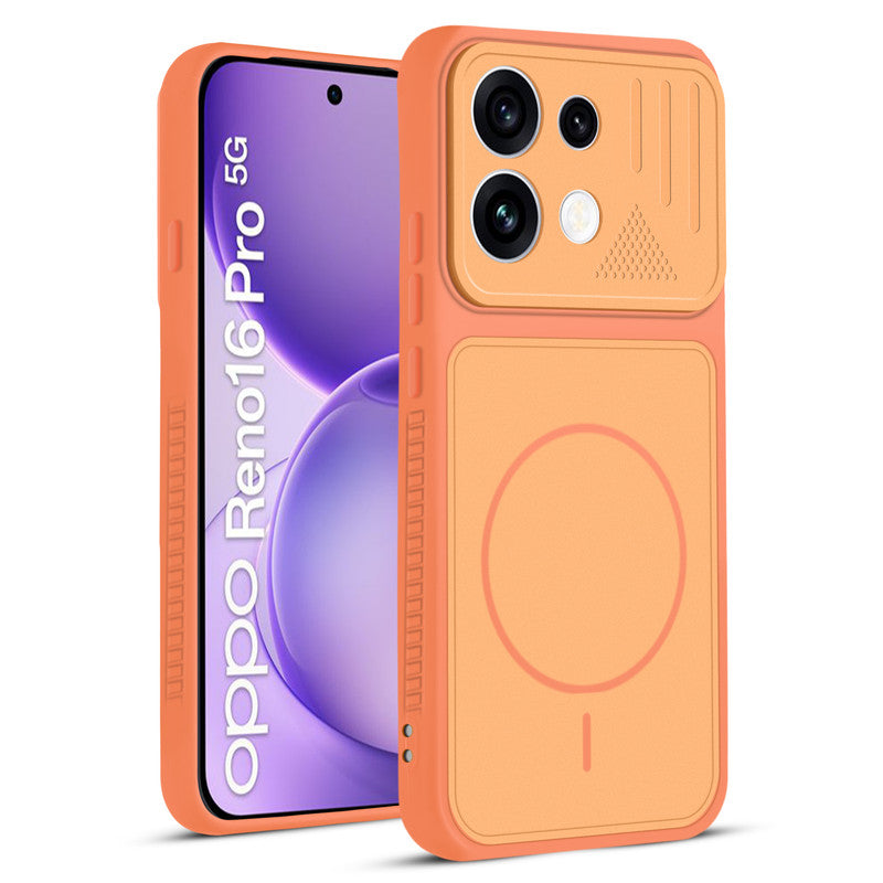 Front and back view of Orange protective back cover for Oppo Reno 16 Pro 5G with textured sides, camera guard and slim fit design.