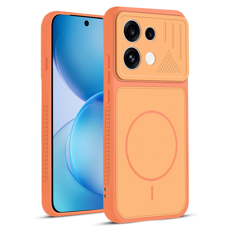Front and back view of Orange protective back cover for Oppo Reno 16C 5G with textured sides, camera guard and slim fit design.
