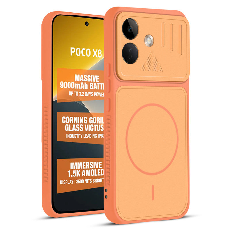 Front and back view of Orange protective back cover for POCO X8 5G with textured sides, camera guard and slim fit design.