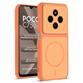 Front and back view of Orange protective back cover for Poco C75 5G with textured sides, camera guard and slim fit design.