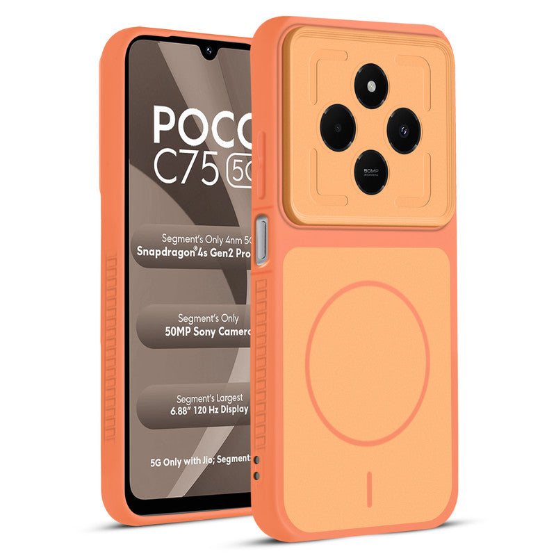 Front and back view of Orange protective back cover for Poco C75 5G with textured sides, camera guard and slim fit design.
