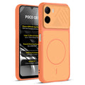 Front and back view of Orange protective back cover for Poco C81 4G with textured sides, camera guard and slim fit design.