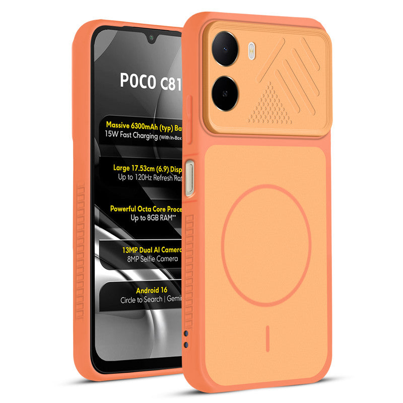 Front and back view of Orange protective back cover for Poco C81 4G with textured sides, camera guard and slim fit design.