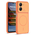 Front and back view of Orange protective back cover for Poco C81x 4G with textured sides, camera guard and slim fit design.