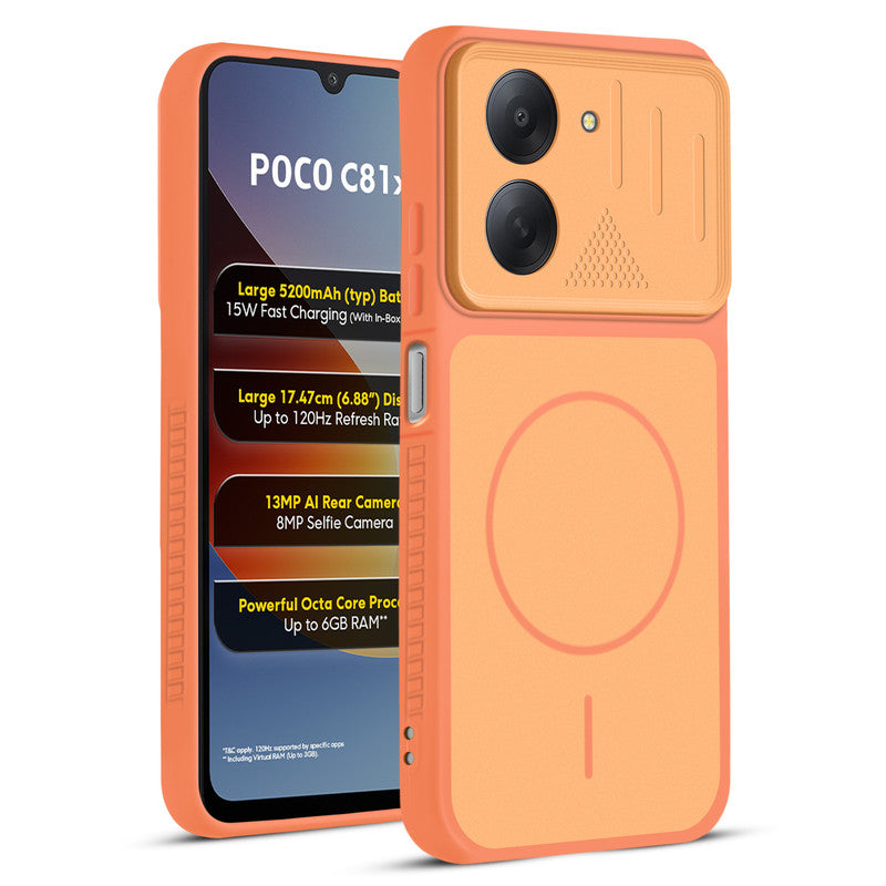 Front and back view of Orange protective back cover for Poco C81x 4G with textured sides, camera guard and slim fit design.