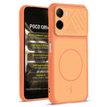 Front and back view of Orange protective back cover for Poco C85x 5G with textured sides, camera guard and slim fit design.