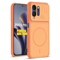 Front and back view of Orange protective back cover for Poco M8x 5G with textured sides, camera guard and slim fit design.
