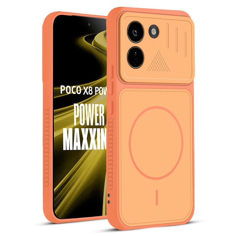 Front and back view of Orange protective back cover for Poco X8 Power 5G with textured sides, camera guard and slim fit design.