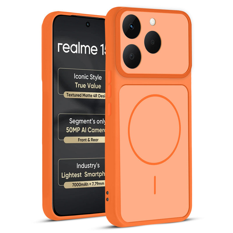 Front and back view of Orange protective back cover for Realme 15T 5Gwith textured sides, camera guard and slim fit design.