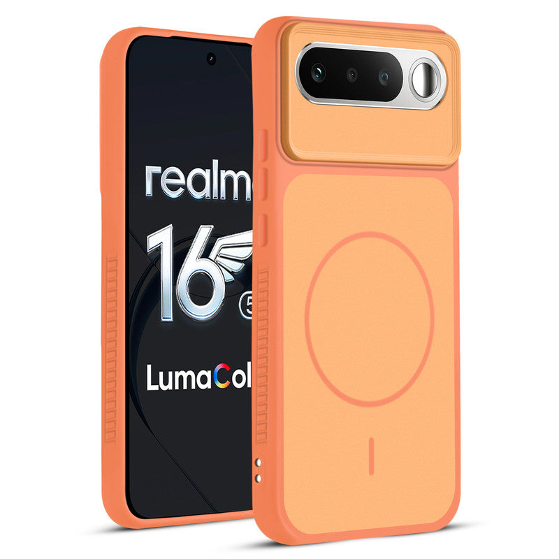 Front and back view of Orange protective back cover for Realme 16 5G with textured sides, camera guard and slim fit design.