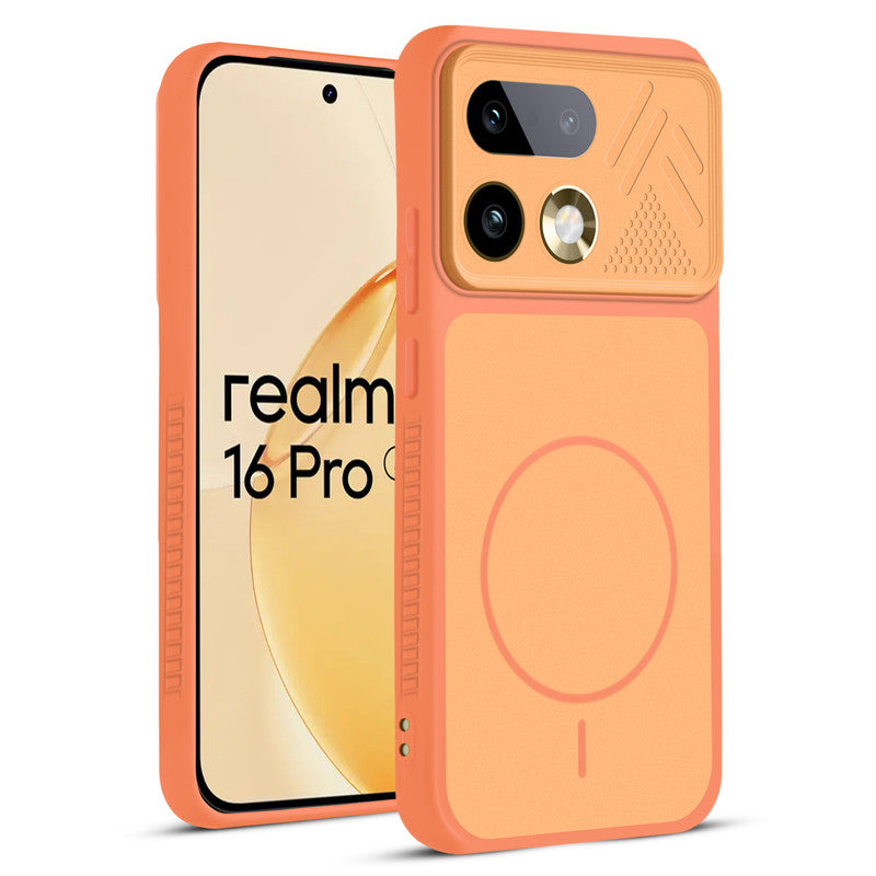 Front and back view of Orange protective back cover for Realme 16 Pro 5G with textured sides, camera guard and slim fit design.