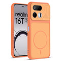Front and back view of Orange protective back cover for Realme 16T 5G with textured sides, camera guard and slim fit design.